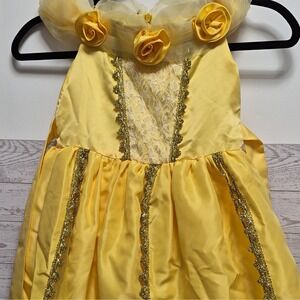 GIRLS PRINCESS COSTUME DRESS Yellow Gold Glitter Trim Tulle Overlay Bell size 8?